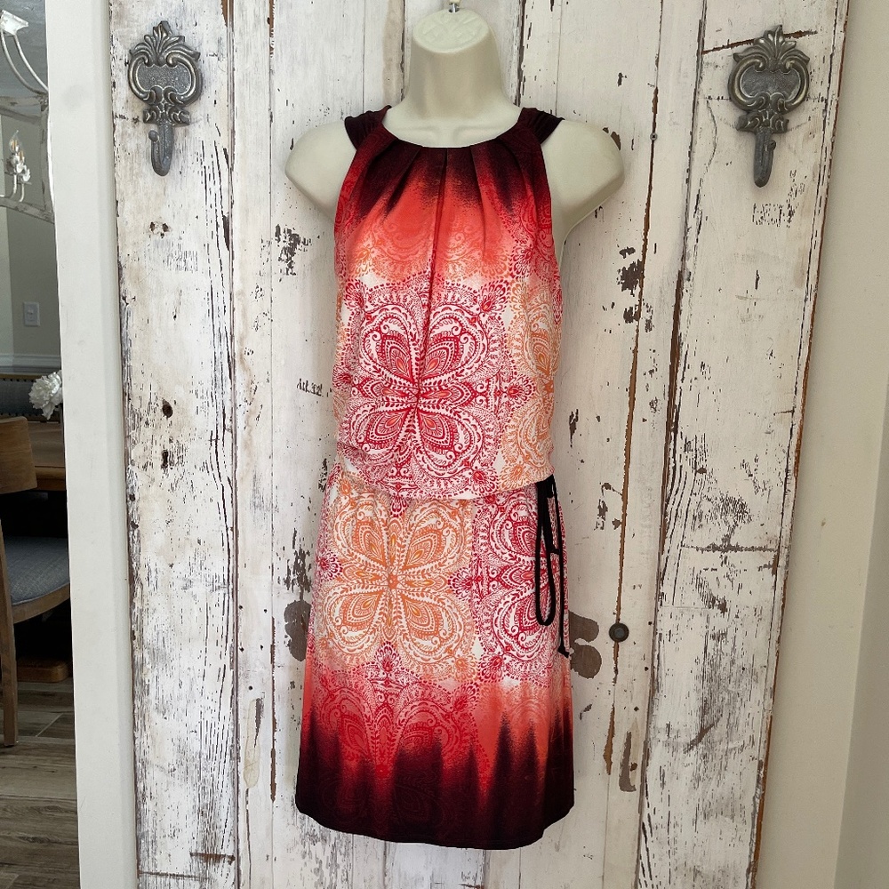 London Times Size 10 Womans Coral Red Orange Floral Paisley Belted Blouson Dress